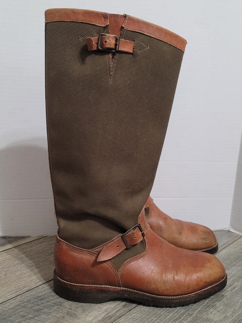 Chippewa Mens Brown Leather Olive Canvas Snake Boots Riding Cordura USA Sz10.5EE